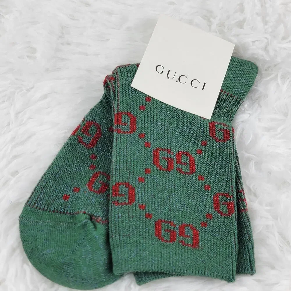 Gucci Crew Socks Unisex GG Logo Metallic 100% Authentic Green Red Luxury New